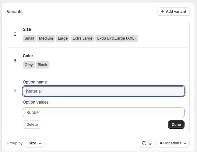 Editing Shopify product options