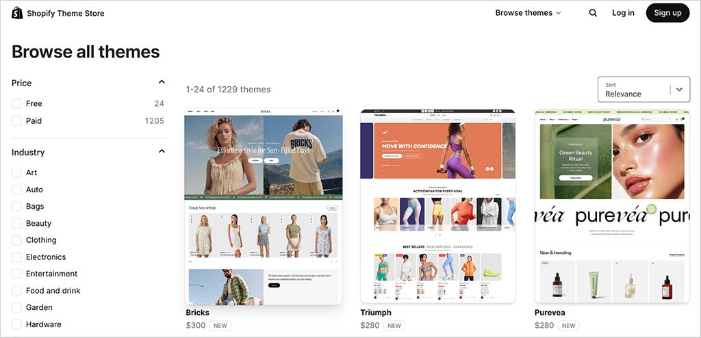 Browsing the Shopify theme store