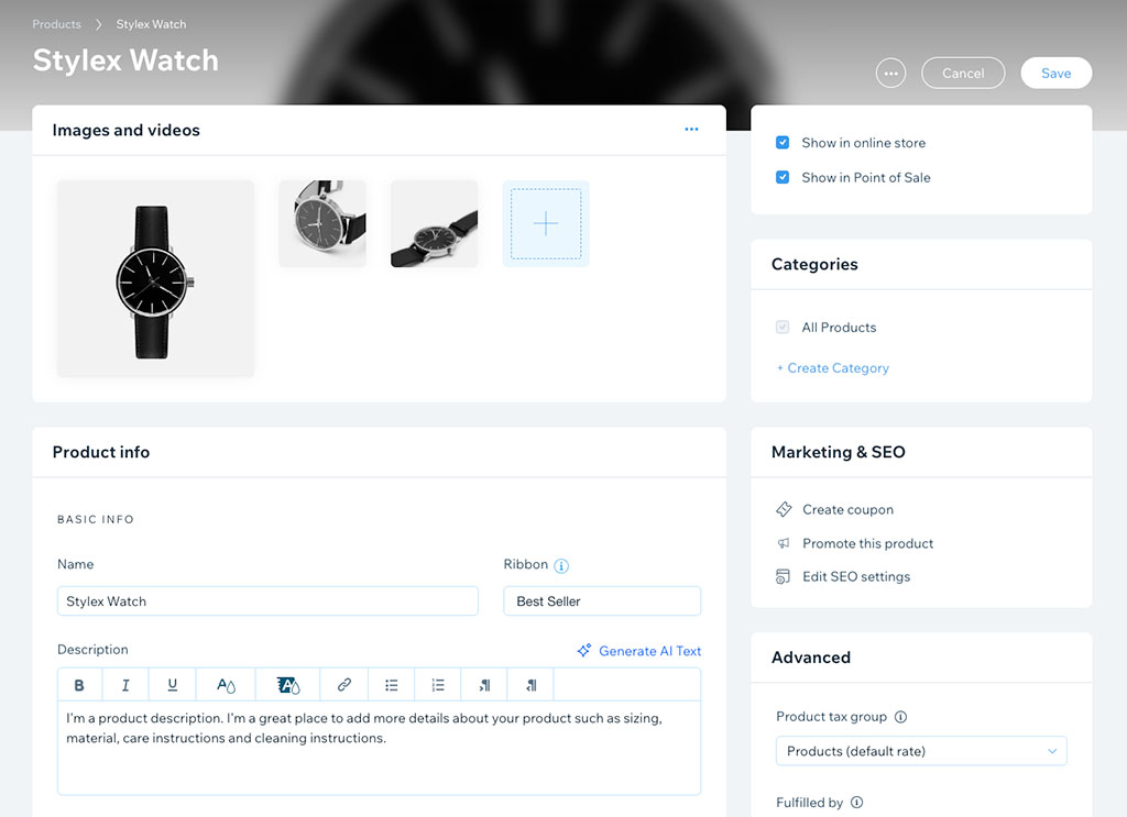 Editing a product in Wix