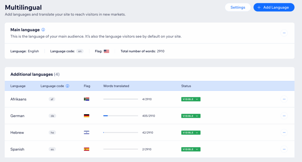Using the 'Wix Multilingual' add-on