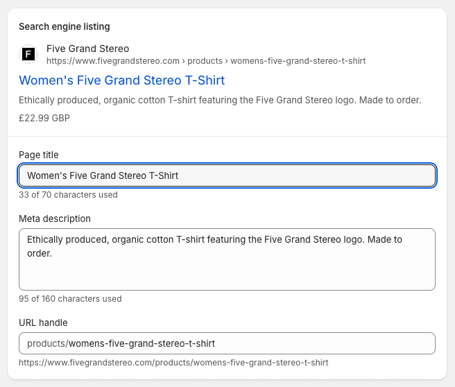 Editing product titles and meta descriptions in Shopify