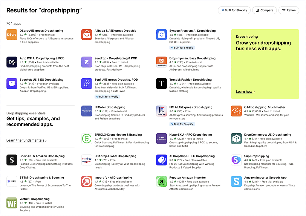 Some of the dropshipping apps currently available for Shopify