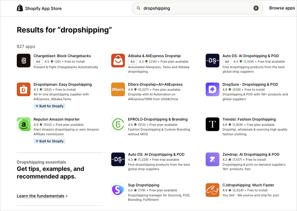 Dropshipping apps in the Shopify app store