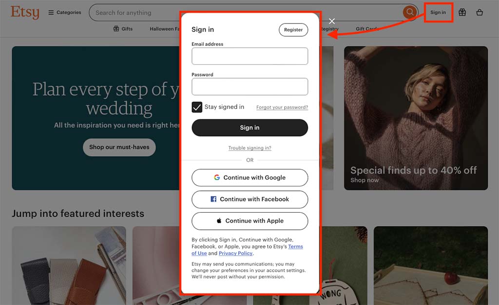 Signing up for an Etsy Seller account
