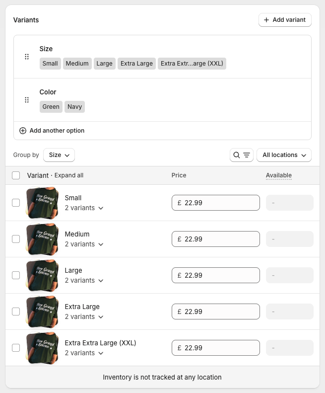 Working with product options in Shopify