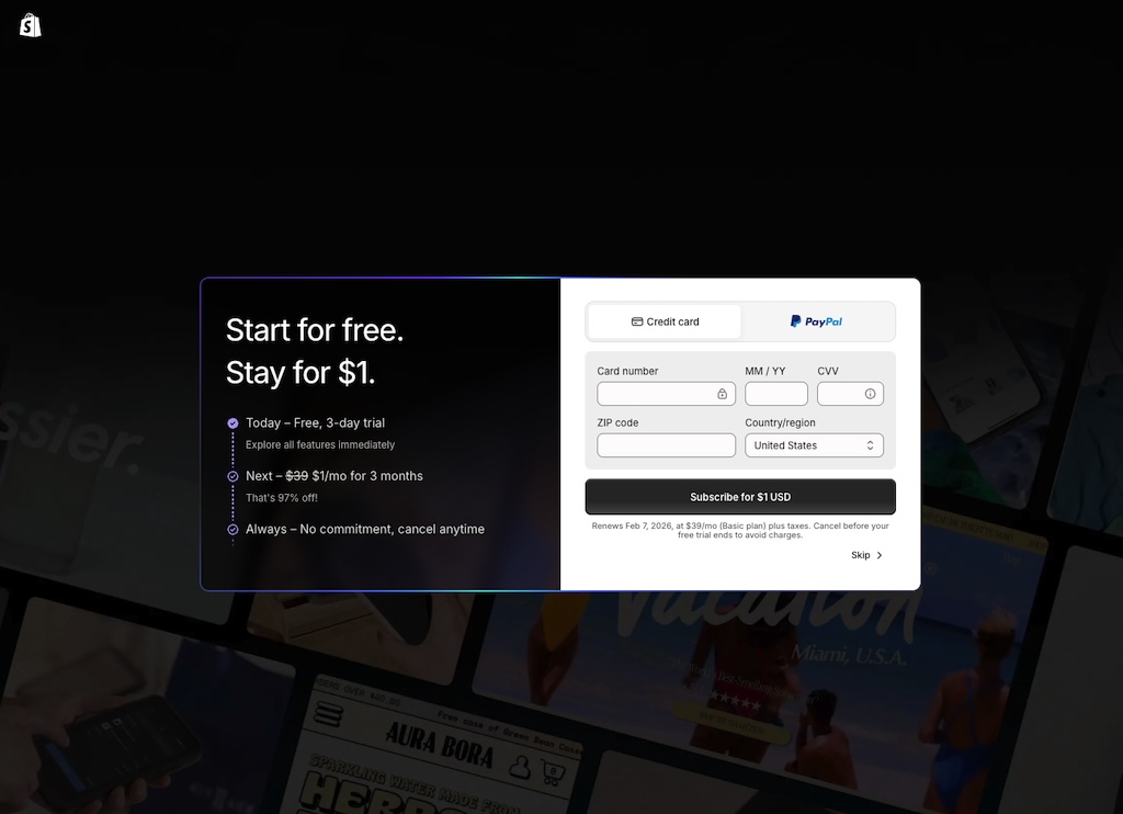 Entering card details into Shopify