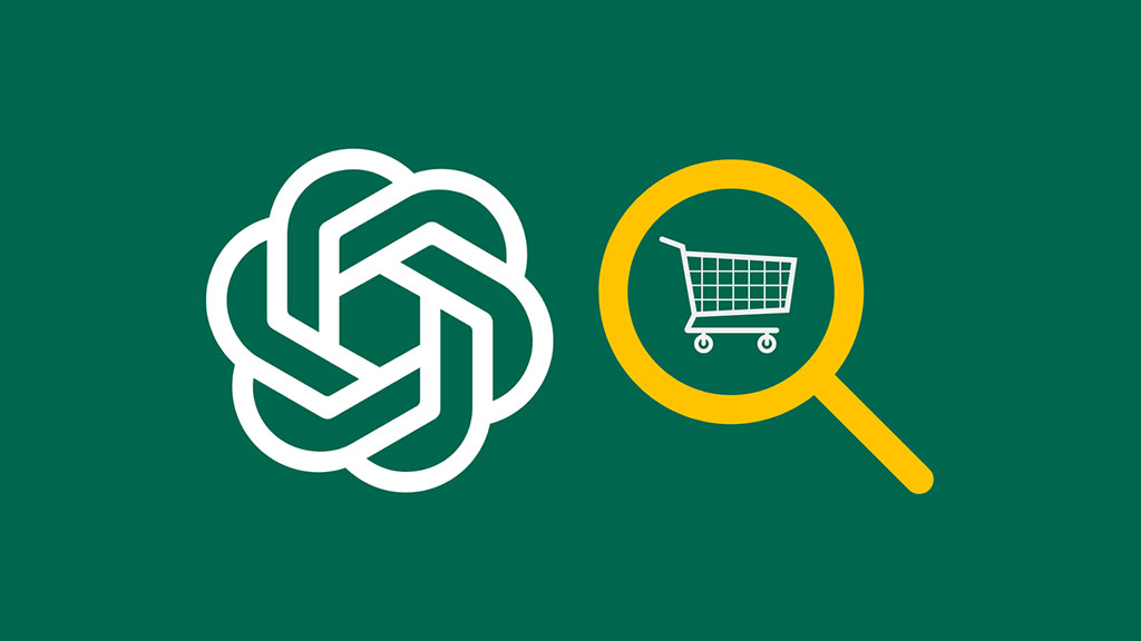 The OpenAI logo accompanied by a graphic of a magnifying glass and a shopping cart.