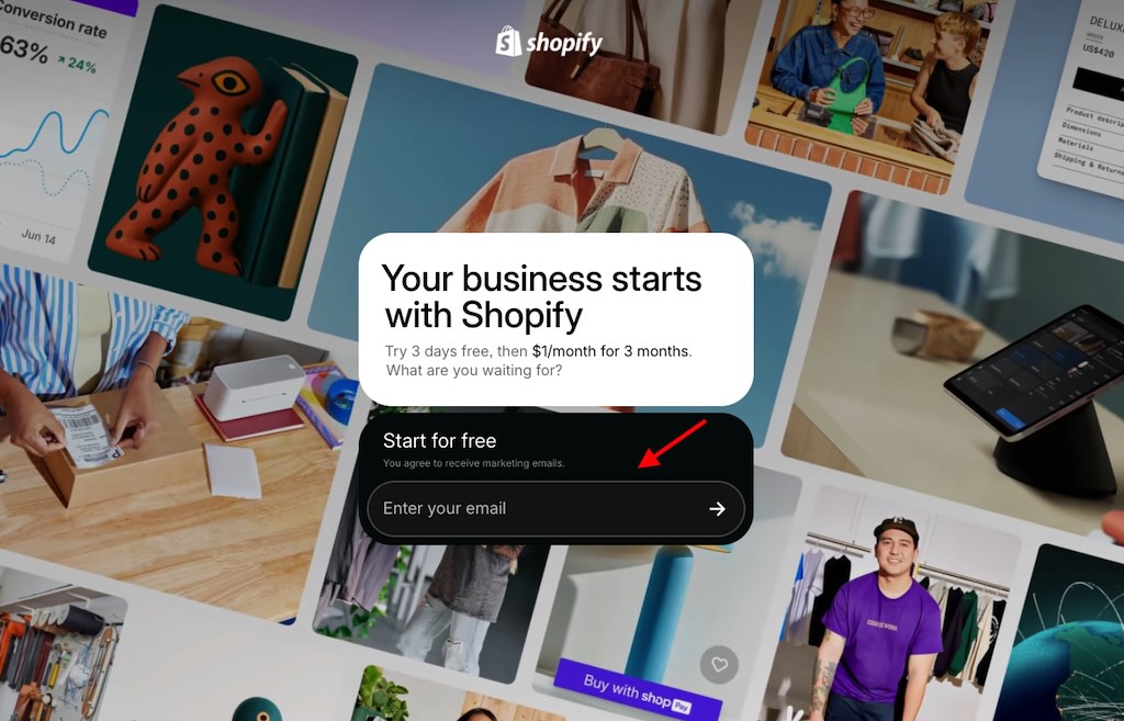 The Shopify free trial signup page