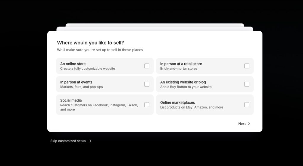 Shopify's onboarding questions