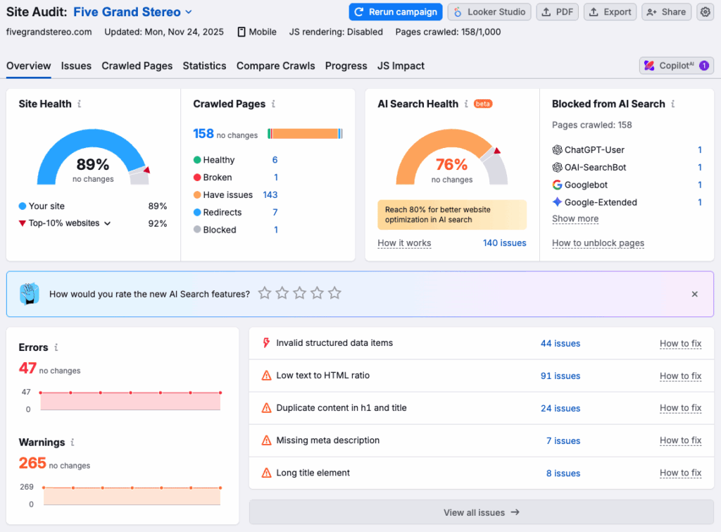 SEO site auditing features