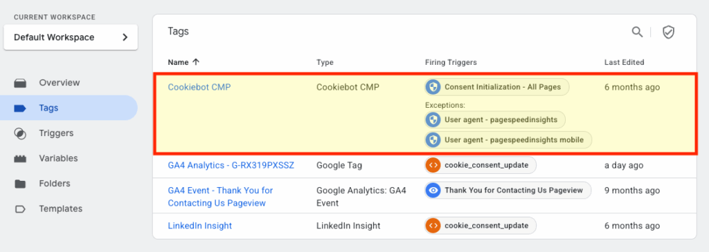 Integrating Cookiebot CMP via Google's tag manager