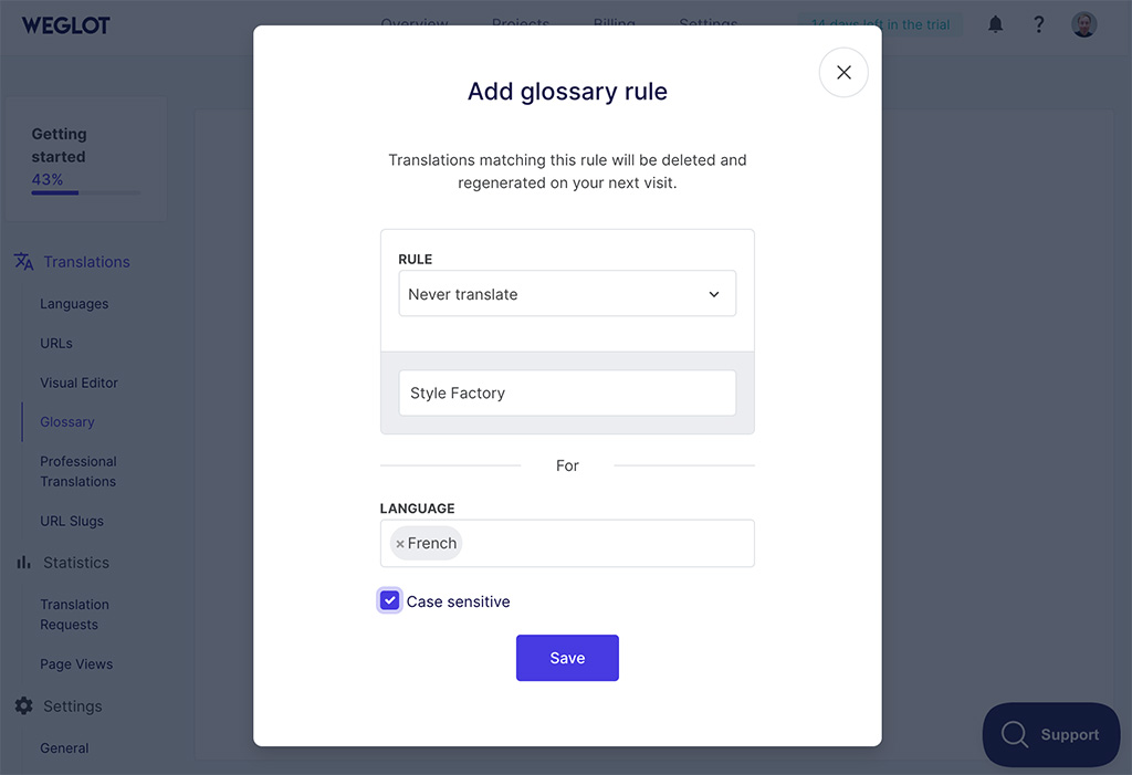 Creating glossary rules in Weglot