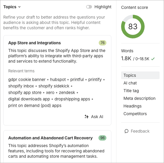 The Ahrefs "Content Helper" feature in use