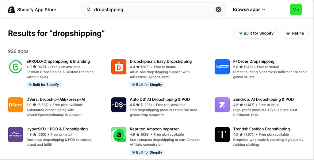Dropshipping apps in the Shopify app store