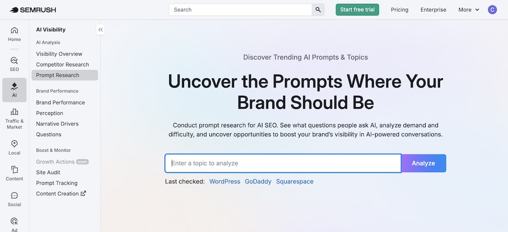 Conducting prompt research with Semrush