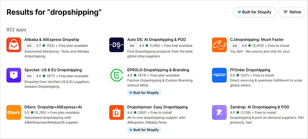 Some of the dropshipping apps currently available for Shopify