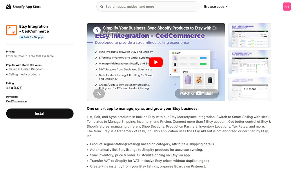 The CedCommerce app — this lets you connect Shopify to Etsy