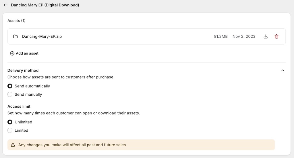 Digital product fulfillment settings in Shopify