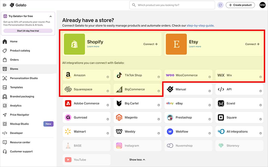 Connections with the platforms highlighted in this image are available as built-in ecommerce integrations in Gelato. Additional platform integrations require you to use an "Order Desk" connection.