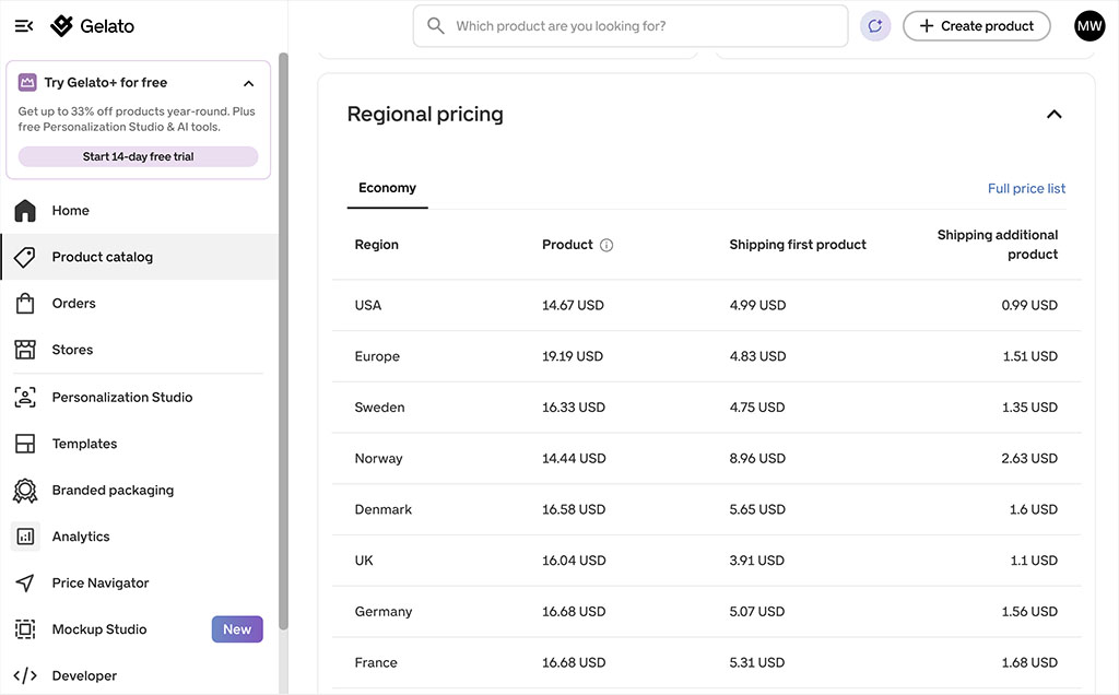 Gelato product pricing