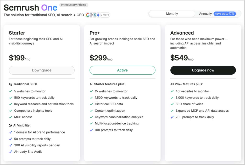 Semrush One pricing plans