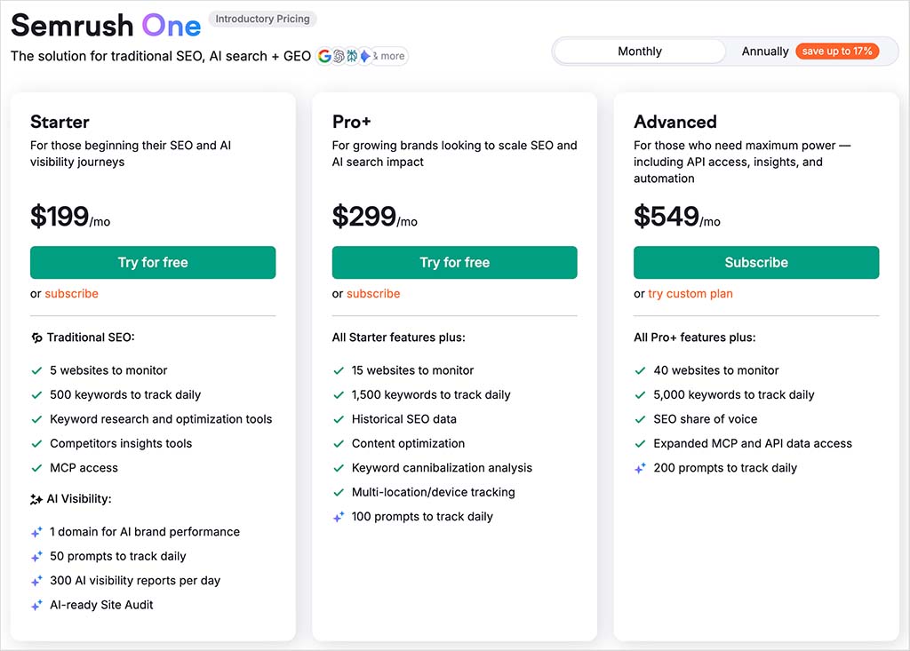 Semrush One pricing plans