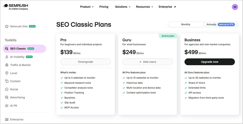 Semrush SEO Classic pricing plans
