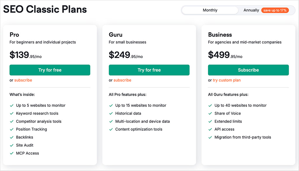 Semrush SEO Classic pricing plans