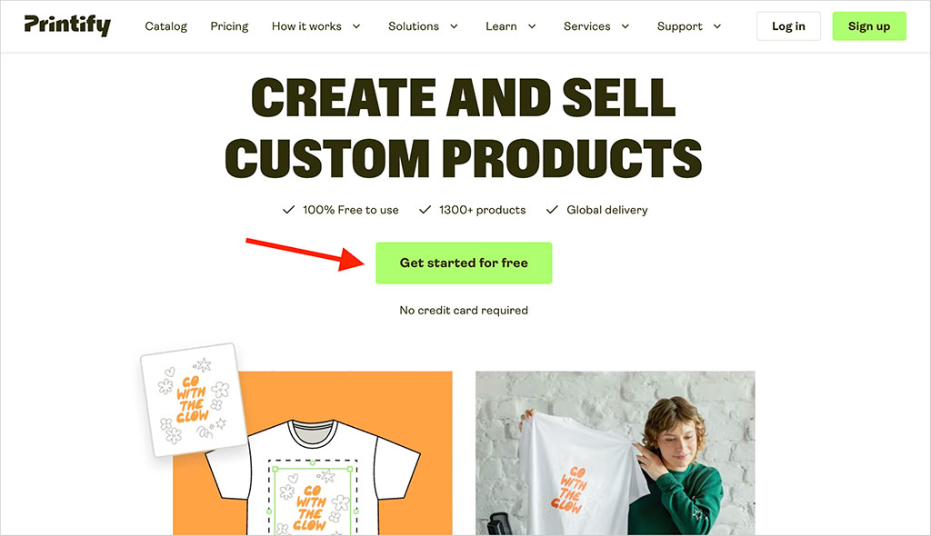Printify home page with the 'Get started for free' button highlighted.