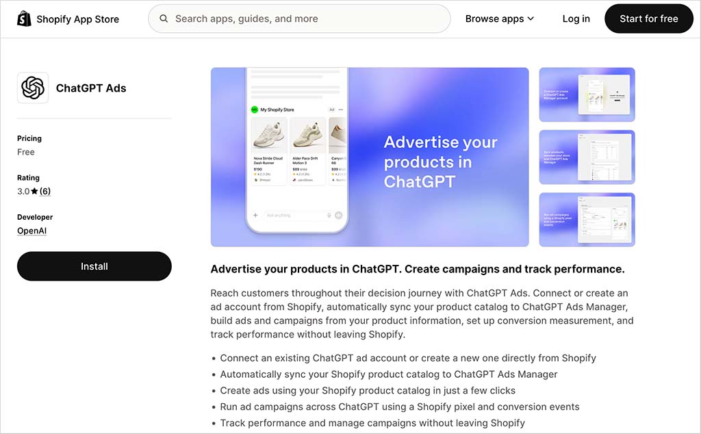 The new ChatGPT Ads app in the Shopify app store