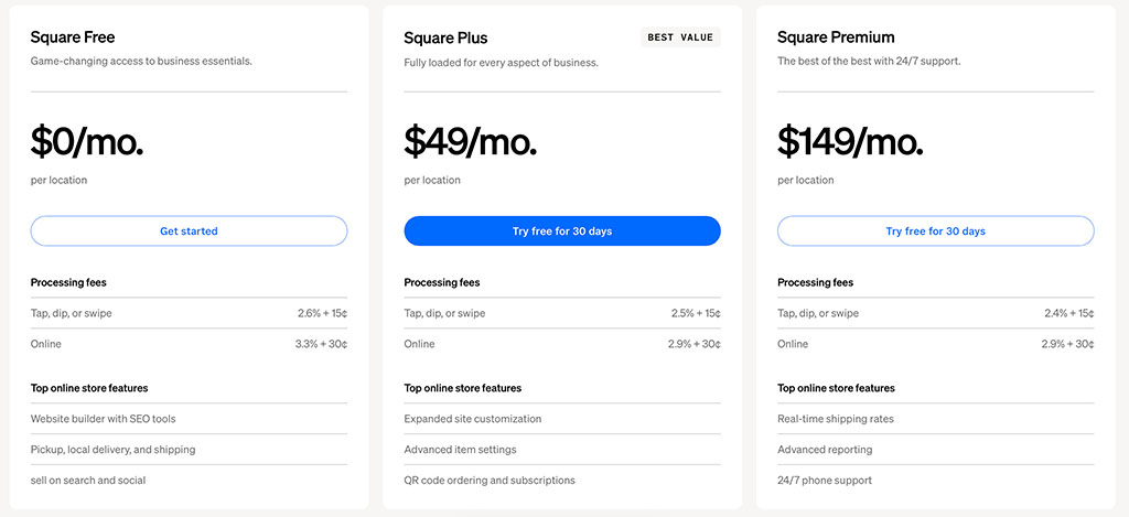 Square pricing table