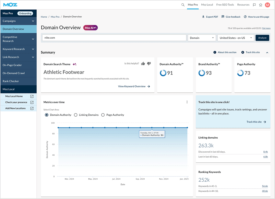Performing domain analysis in Moz