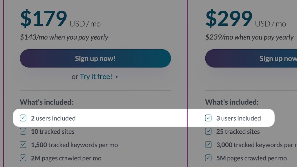 Unlike Semrush, Moz bundles mutliple user accounts on some plans