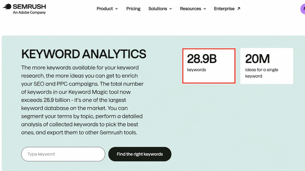 Semrush keyword database size statistics